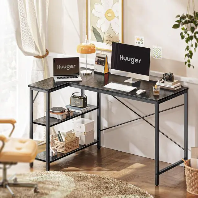 Alt view image 2 of 6 - 47" Small L Shaped Desk, 47 Inches Computer Desk with Reversible Storage Shelves, Gaming Desk, Corner Desk Home Office Desks, Writing Desk Study Desk with Metal Frame, Black
