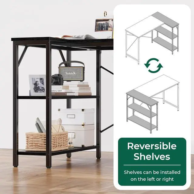 Alt view image 4 of 6 - 47" Small L Shaped Desk, 47 Inches Computer Desk with Reversible Storage Shelves, Gaming Desk, Corner Desk Home Office Desks, Writing Desk Study Desk with Metal Frame, Black