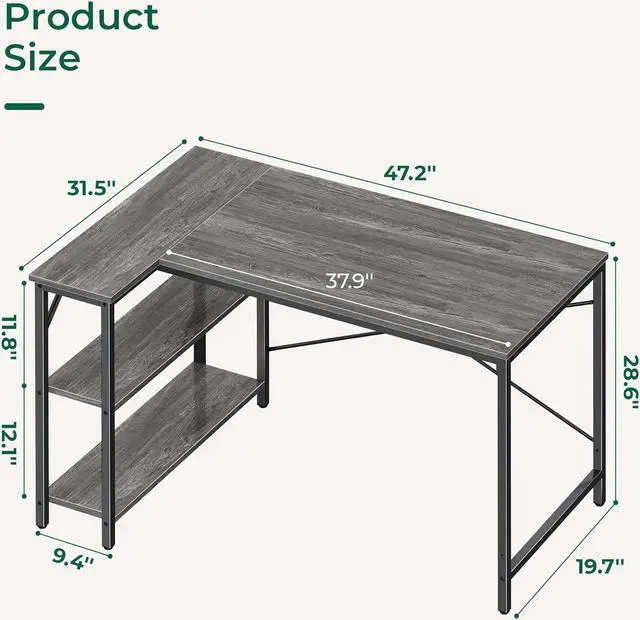 Alt view image 2 of 6 - 47" Small L Shaped Desk, 47 Inches Computer Desk with Reversible Storage Shelves, Gaming Desk, Corner Desk Home Office Desks, Writing Desk Study Desk with Metal Frame, Grey