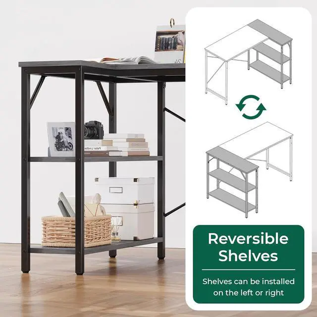 Alt view image 3 of 6 - 47" Small L Shaped Desk, 47 Inches Computer Desk with Reversible Storage Shelves, Gaming Desk, Corner Desk Home Office Desks, Writing Desk Study Desk with Metal Frame, Grey
