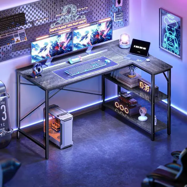 Alt view image 6 of 6 - 47" Small L Shaped Desk, 47 Inches Computer Desk with Reversible Storage Shelves, Gaming Desk, Corner Desk Home Office Desks, Writing Desk Study Desk with Metal Frame, Grey