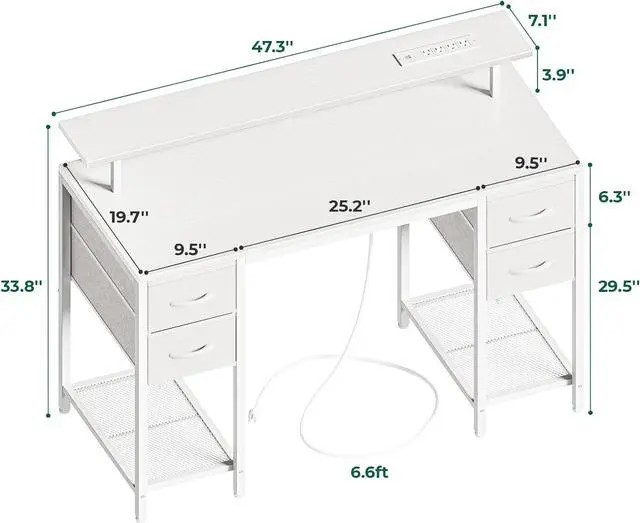 Alt view image 2 of 7 - 47" Small Computer Desk with 4 Drawers, Gaming Desk with LED Lights & Power Outlets, Home Office Desk with Large Storage Space for Bedroom, Work from Home, White