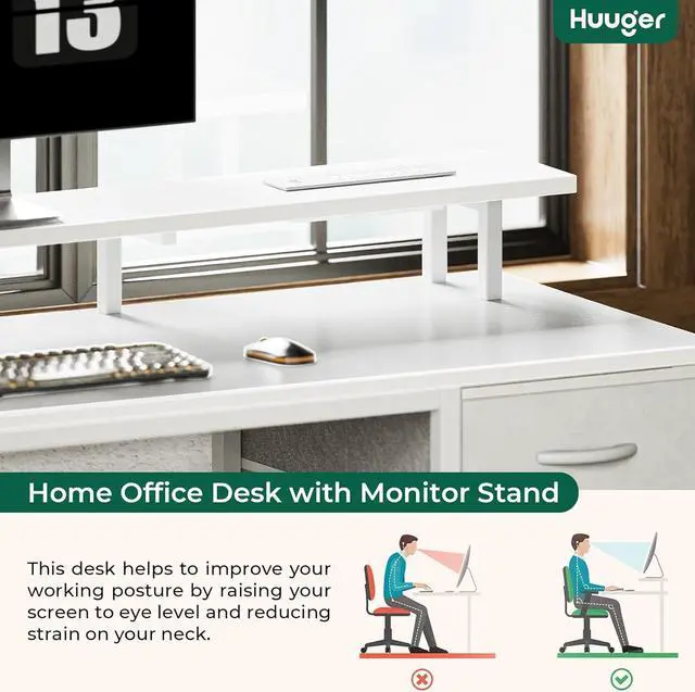 Alt view image 6 of 7 - 47" Small Computer Desk with 4 Drawers, Gaming Desk with LED Lights & Power Outlets, Home Office Desk with Large Storage Space for Bedroom, Work from Home, White