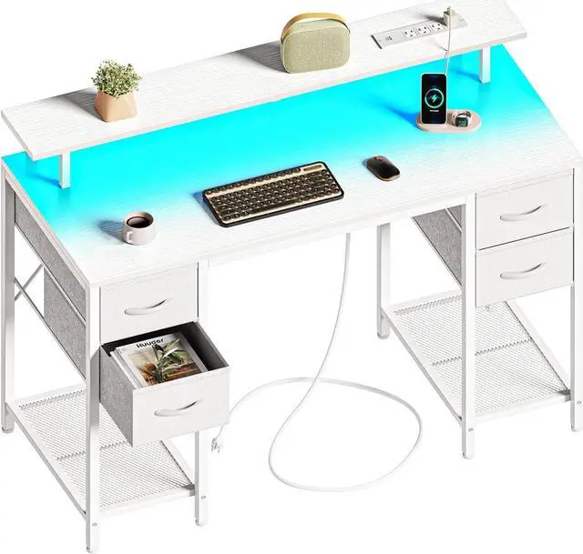 Main image of 47" Small Computer Desk with 4 Drawers, Gaming Desk with LED Lights & Power Outlets, Home Office Desk with Large Storage Space for Bedroom, Work from Home, White