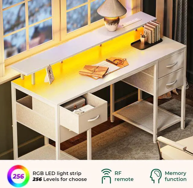 Alt view image 3 of 7 - 47" Small Computer Desk with 4 Drawers, Gaming Desk with LED Lights & Power Outlets, Home Office Desk with Large Storage Space for Bedroom, Work from Home, White