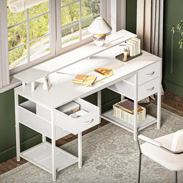 Alt view image 7 of 7 - 47" Small Computer Desk with 4 Drawers, Gaming Desk with LED Lights & Power Outlets, Home Office Desk with Large Storage Space for Bedroom, Work from Home, White