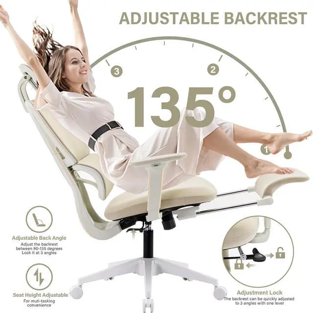Alt view image 3 of 7 - Ergonomic Office Chair with Footrest, High Back Computer Office Chair with Dynamic Lumbar Support, 2D Headrest, 4D Armrest, Sponge Seat, Mesh Home Office Desk Chair for Adults & Teen, Black Cream