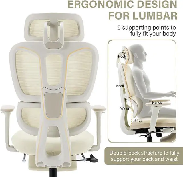Alt view image 5 of 7 - Ergonomic Office Chair with Footrest, High Back Computer Office Chair with Dynamic Lumbar Support, 2D Headrest, 4D Armrest, Sponge Seat, Mesh Home Office Desk Chair for Adults & Teen, Black Cream
