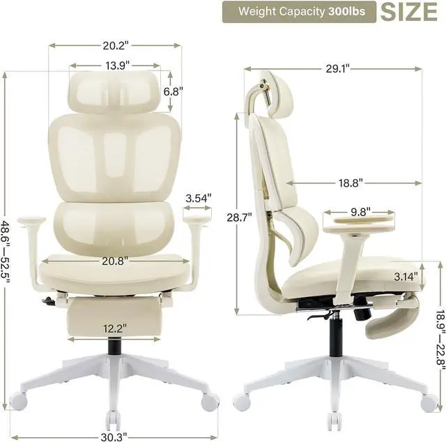 Alt view image 2 of 7 - Ergonomic Office Chair with Footrest, High Back Computer Office Chair with Dynamic Lumbar Support, 2D Headrest, 4D Armrest, Sponge Seat, Mesh Home Office Desk Chair for Adults & Teen, Black Cream