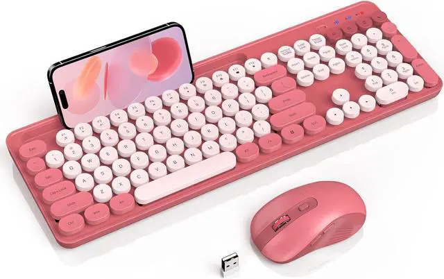 Main image of Wireless Keyboard and Mouse Combo, Retro Round Keycap Typewriter Keyboard with Phone/Tablet Holder, Cute Colorful Keyboard for Computer/Laptop/Windows/Mac - Pink