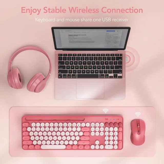 Alt view image 2 of 7 - Wireless Keyboard and Mouse Combo, Retro Round Keycap Typewriter Keyboard with Phone/Tablet Holder, Cute Colorful Keyboard for Computer/Laptop/Windows/Mac - Pink