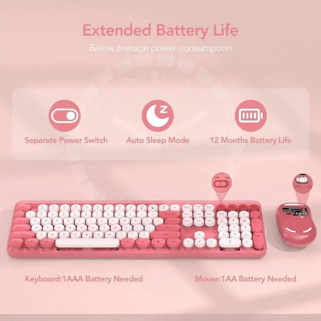 Alt view image 4 of 7 - Wireless Keyboard and Mouse Combo, Retro Round Keycap Typewriter Keyboard with Phone/Tablet Holder, Cute Colorful Keyboard for Computer/Laptop/Windows/Mac - Pink