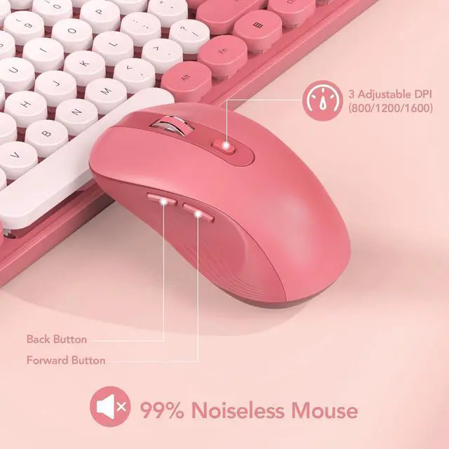 Alt view image 5 of 7 - Wireless Keyboard and Mouse Combo, Retro Round Keycap Typewriter Keyboard with Phone/Tablet Holder, Cute Colorful Keyboard for Computer/Laptop/Windows/Mac - Pink