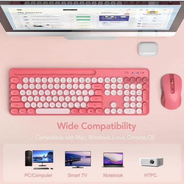 Alt view image 7 of 7 - Wireless Keyboard and Mouse Combo, Retro Round Keycap Typewriter Keyboard with Phone/Tablet Holder, Cute Colorful Keyboard for Computer/Laptop/Windows/Mac - Pink