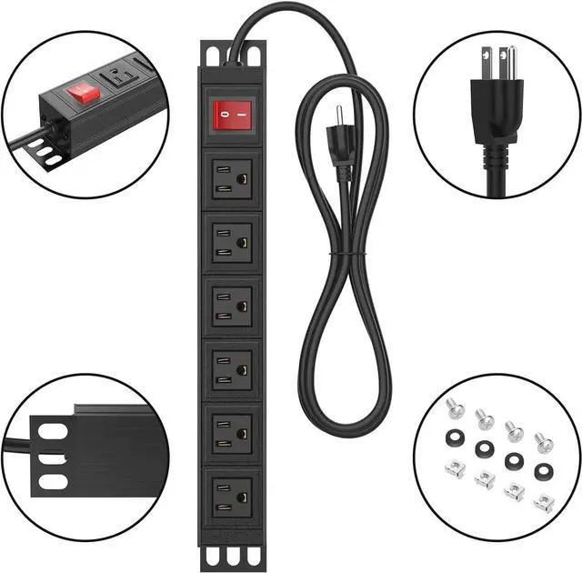 Alt view image 3 of 7 - 6 Outlet Power Strip, Metal Mountable Power Strip Surge Protector, Heavy Duty Wall Mount Power Outlet for Commercial, Industrial, Workshop, 6FT Power Cord, 15A/125V 1875W (Black 6FT)