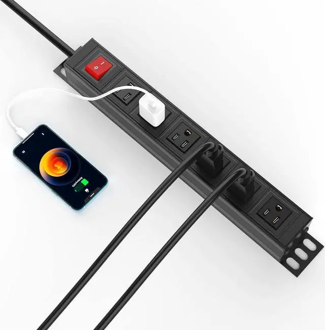 Alt view image 6 of 7 - 6 Outlet Power Strip, Metal Mountable Power Strip Surge Protector, Heavy Duty Wall Mount Power Outlet for Commercial, Industrial, Workshop, 6FT Power Cord, 15A/125V 1875W (Black 6FT)