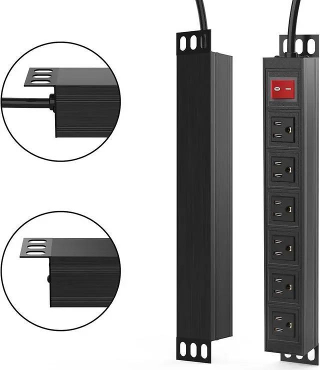 Alt view image 2 of 7 - 6 Outlet Power Strip, Metal Mountable Power Strip Surge Protector, Heavy Duty Wall Mount Power Outlet for Commercial, Industrial, Workshop, 6FT Power Cord, 15A/125V 1875W (Black 6FT)