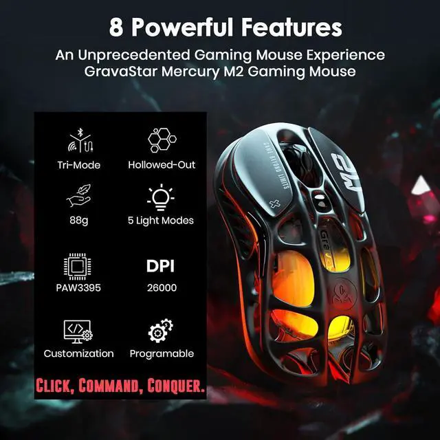 Alt view image 2 of 6 - GravaStar Mercury M2 Gaming Mouse -MMO Computer Gaming Mice with 26,000 DPI Optical Sensor -79g Lightweight Hollowed-Out Design -5 Programmable Buttons -5 Dynamic Lightsync RGB Modes -Stealth Black