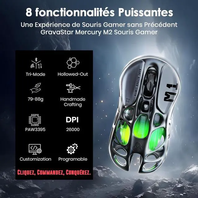 Alt view image 2 of 6 - GravaStar Mercury M1 Pro Wireless Gaming Mouse, Magnesium Alloy MMO Gaming Mice, 26,000 DPI, 88g Lightweight Hollowed-Out Design, 5 Programmable Buttons, 5 Dynamic Lightsync RGB Modes, Gunmetal Gray