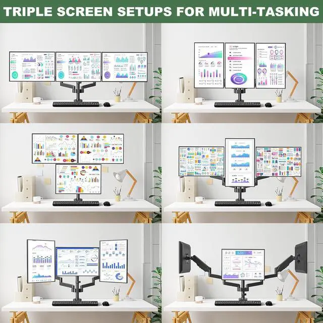 Alt view image 4 of 7 - Triple Monitor Mount, 3 Monitor Desk Stand for Three Flat/Curved Computer Screens Up to 27, Heavy Duty Gas Spring Monitor Arms Hold up to 17.6lbs Each, Fully Adjustable, VESA 75x75/100x100