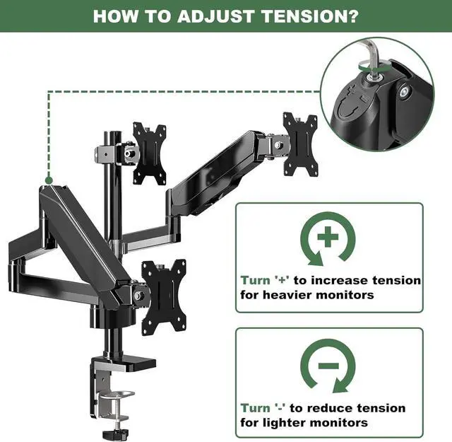 Alt view image 6 of 7 - Triple Monitor Mount, 3 Monitor Desk Stand for Three Flat/Curved Computer Screens Up to 27, Heavy Duty Gas Spring Monitor Arms Hold up to 17.6lbs Each, Fully Adjustable, VESA 75x75/100x100