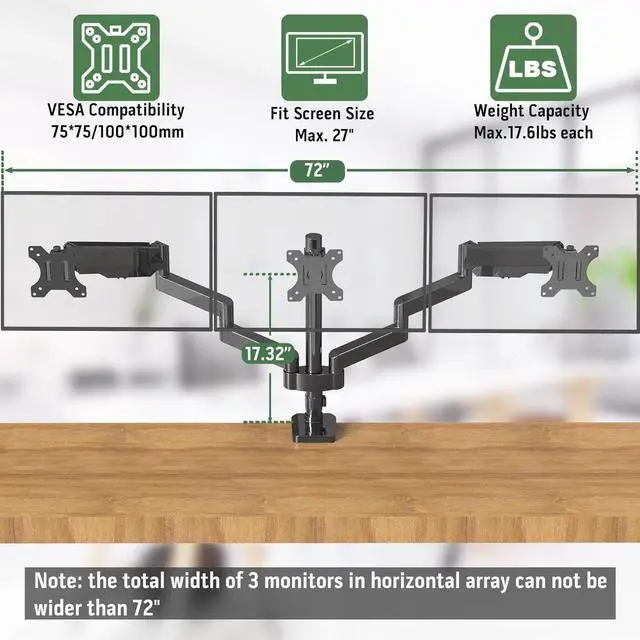 Alt view image 3 of 7 - Triple Monitor Mount, 3 Monitor Desk Stand for Three Flat/Curved Computer Screens Up to 27, Heavy Duty Gas Spring Monitor Arms Hold up to 17.6lbs Each, Fully Adjustable, VESA 75x75/100x100