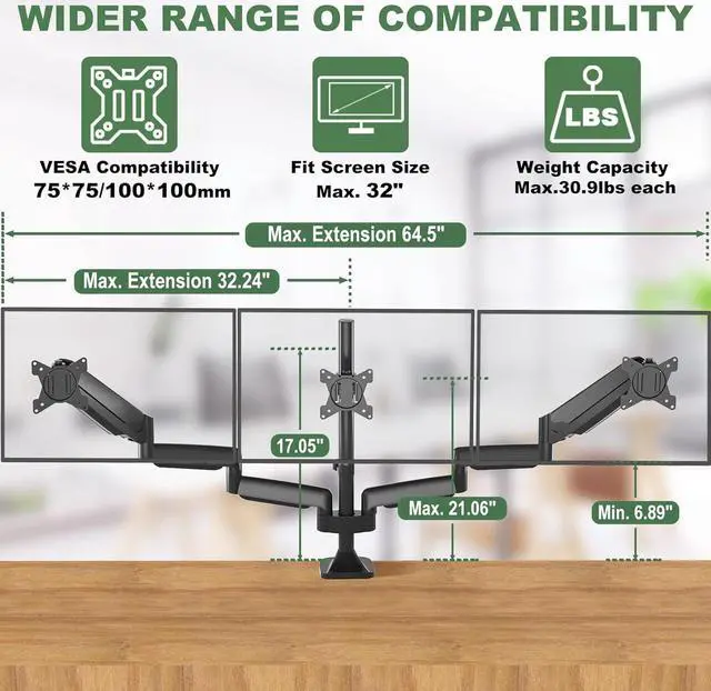 Alt view image 3 of 7 - Triple Monitor Stand, 3 Monitor Desk Mount for Three Flat/Curved Computer Screens up to 32, Heavy-Duty Double C-Clamp Base, Fully Adjustable Gas Spring Monitor Arms Hold up to 30.9lbs Each