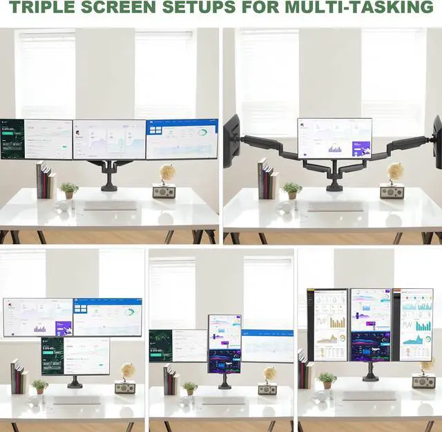 Alt view image 7 of 7 - Triple Monitor Stand, 3 Monitor Desk Mount for Three Flat/Curved Computer Screens up to 32, Heavy-Duty Double C-Clamp Base, Fully Adjustable Gas Spring Monitor Arms Hold up to 30.9lbs Each