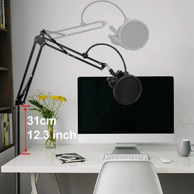 Alt view image 2 of 6 - Boom Arm Floor Mic Stand for Blue Yeti, Yeti Nano, Snowball, HyperX QuadCast and More Microphone, Adjustable Suspension Boom Arm Stand with 3/8" to 5/8" 1/4" Screw, Pop Filter, Mic Clip, Cable Ties