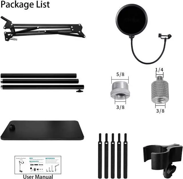 Alt view image 6 of 6 - Boom Arm Floor Mic Stand for Blue Yeti, Yeti Nano, Snowball, HyperX QuadCast and More Microphone, Adjustable Suspension Boom Arm Stand with 3/8" to 5/8" 1/4" Screw, Pop Filter, Mic Clip, Cable Ties