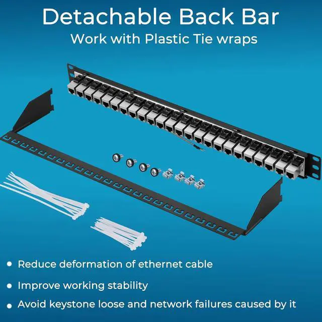 Alt view image 6 of 7 - Patch Panel 24 Port Cat7 with Inline Keystone 10G Support, Coupler Patch Panel STP Shielded 19-Inch with Removable Back Bar, 1U Network Patch Panel for Cat7, Cat6, Cat6A, Cat5e