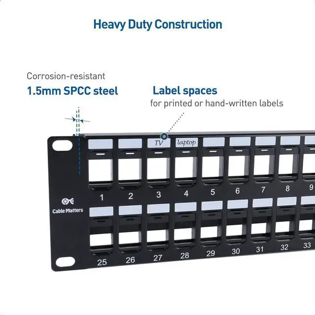 Alt view image 2 of 7 - Cable Matters Rackmount or Wall Mount 2U 48 Port Keystone Patch Panel with Cable Management and Support Bar (19-inch Blank Patch Panel for Keystone Jacks/Keystone Panel)
