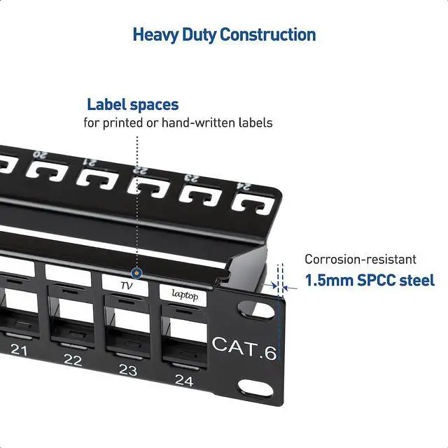 Alt view image 2 of 7 - Cable Matters Rackmount or Wall Mount 1U 24 Port Keystone Patch Panel with Cable Management and Support Bar (19-inch Blank Patch Panel for Keystone Jacks/Keystone Panel)