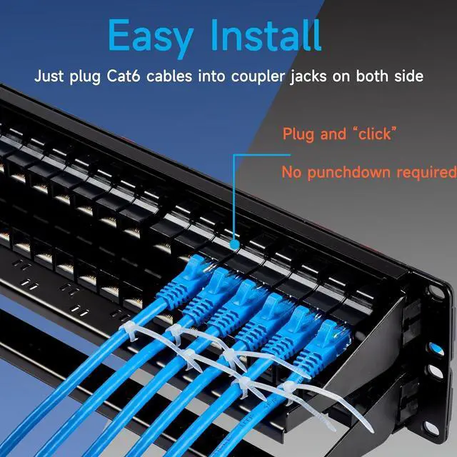 Alt view image 3 of 6 - 48 Port RJ45 Patch Panel Cat6 Feed Through, Coupler Network Patch Panel 19 Inch, Inline Keystone Ethernet Patch Panel with Back Bar