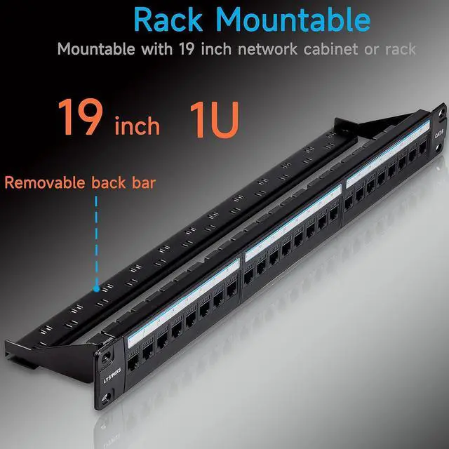 Alt view image 7 of 7 - 24 Port RJ45 Patch Panel Cat6 Feed Through, Coupler Network Patch Panel 19 Inch, Inline Keystone Ethernet Patch Panel with Back Bar