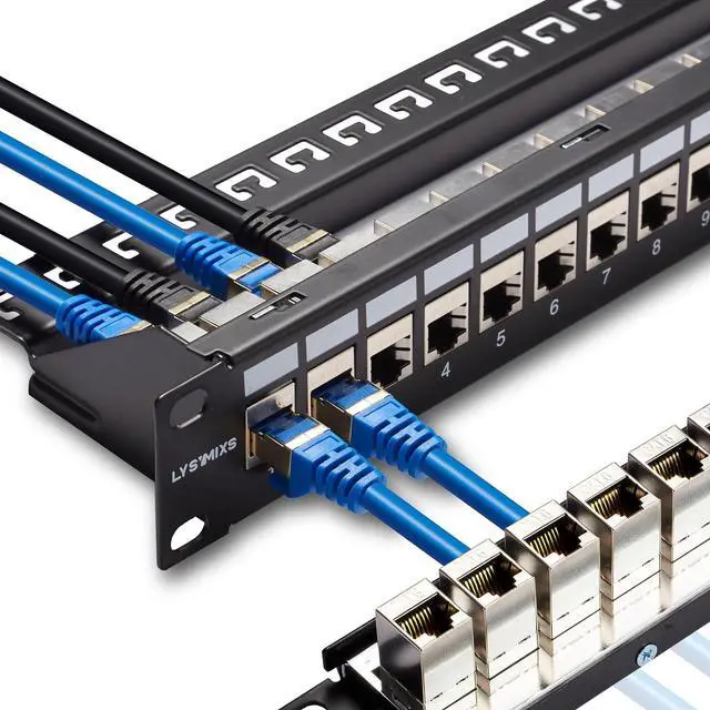 Main image of 24 Port RJ45 Patch Panel Cat6 STP Feed Through, Coupler Network Patch Panel 19 Inch, Inline Keystone Ethernet Patch Panel with Back Bar
