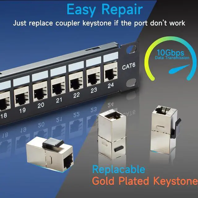 Alt view image 5 of 6 - 24 Port RJ45 Patch Panel Cat6 STP Feed Through, Coupler Network Patch Panel 19 Inch, Inline Keystone Ethernet Patch Panel with Back Bar