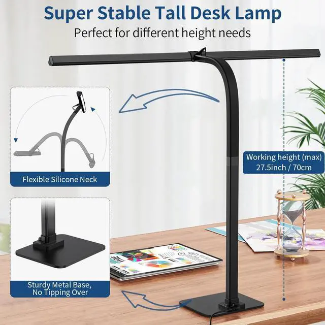 Alt view image 4 of 6 - Desk Lamp, 24W Brightest LED Desk Lamp For Home Office, 31.5" Wide Dimmable Architect Task Lamp With Base,Eye Protection Modern Tall Desk Light For Workbench Office Lighting Computer Working