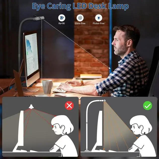 Alt view image 5 of 6 - Desk Lamp, 24W Brightest LED Desk Lamp For Home Office, 31.5" Wide Dimmable Architect Task Lamp With Base,Eye Protection Modern Tall Desk Light For Workbench Office Lighting Computer Working