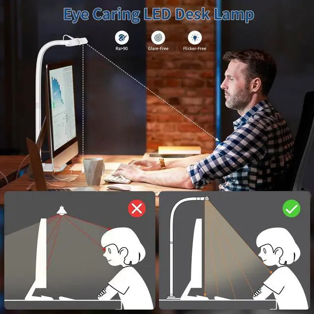 Alt view image 5 of 6 - Desk Lamp, 24W Brightest LED Desk Lamp For Home Office, 31.5" Wide Dimmable Architect Task Lamp With Base,Eye Protection Modern Tall Desk Light For Workbench Office Lighting Computer Working - White
