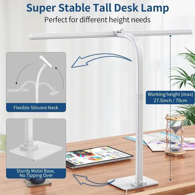 Alt view image 4 of 6 - Desk Lamp, 24W Brightest LED Desk Lamp For Home Office, 31.5" Wide Dimmable Architect Task Lamp With Base,Eye Protection Modern Tall Desk Light For Workbench Office Lighting Computer Working - White