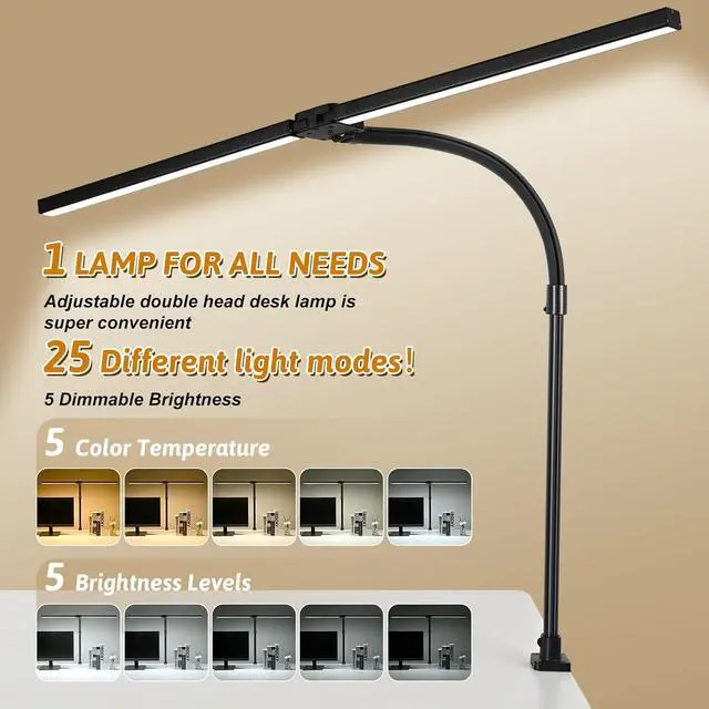 Alt view image 2 of 7 - Double Head LED Desk Lamp, Computer Desk Lamp for Home Office 24W Brightest Desk Light 5 Color Temperature and 5 Dimmable Office Lamp for Workbench Drafting Architect Reading with Clamp