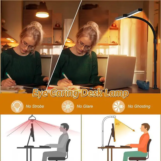 Alt view image 4 of 7 - Double Head LED Desk Lamp, Computer Desk Lamp for Home Office 24W Brightest Desk Light 5 Color Temperature and 5 Dimmable Office Lamp for Workbench Drafting Architect Reading with Clamp
