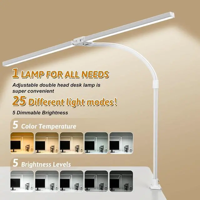Alt view image 2 of 7 - Double Head LED Desk Lamp, Computer Desk Lamp for Home Office 24W Brightest Desk Light 5 Color Temperature and 5 Dimmable Office Lamp for Workbench Drafting Architect Reading with Clamp - White