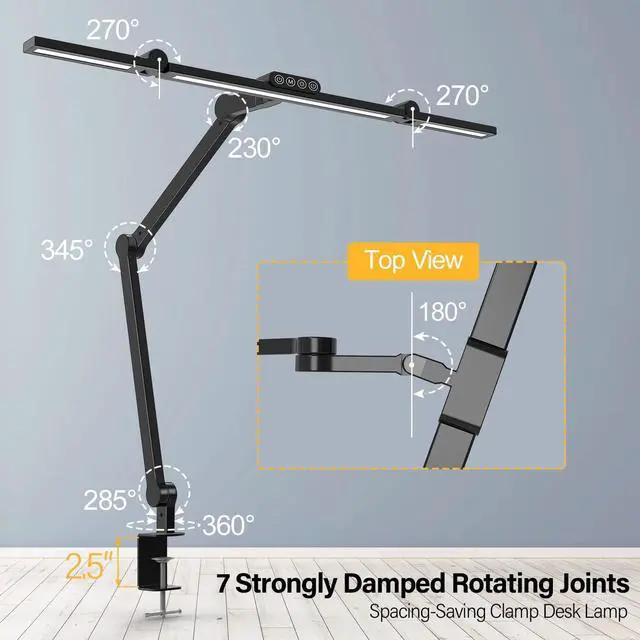 Alt view image 3 of 6 - Led Desk Lamp with Clamp, Architect Desk Lamp for Home Office with Atmosphere Lighting, 24W Ultra Bright Auto Dimming Desk Light Stepless Dimming and Tempering LED Table Light