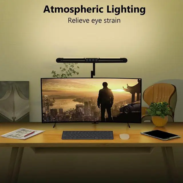 Alt view image 4 of 6 - Led Desk Lamp with Clamp, Architect Desk Lamp for Home Office with Atmosphere Lighting, 24W Ultra Bright Auto Dimming Desk Light Stepless Dimming and Tempering LED Table Light