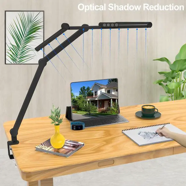 Alt view image 6 of 6 - Led Desk Lamp with Clamp, Architect Desk Lamp for Home Office with Atmosphere Lighting, 24W Ultra Bright Auto Dimming Desk Light Stepless Dimming and Tempering LED Table Light