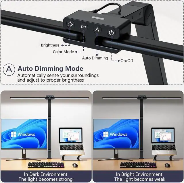 Alt view image 4 of 7 - Desk Lamp,Double Head Desk Lamp with Clamp,24W Led Desk Lights for Home Office Ultra Bright Architect Table Lamp 4 Brightness 4 Color,Auto Dimming Task Lamp for Monitor Work Study
