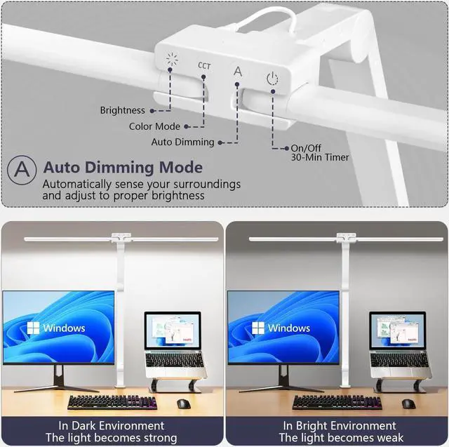 Alt view image 4 of 7 - Desk Lamp,Double Head Desk Lamp with Clamp,24W Led Desk Lights for Home Office Ultra Bright Architect Table Lamp 4 Brightness 4 Color,Auto Dimming Task Lamp for Monitor Work Study - White