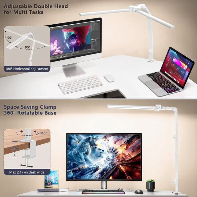 Alt view image 2 of 7 - Desk Lamp,Double Head Desk Lamp with Clamp,24W Led Desk Lights for Home Office Ultra Bright Architect Table Lamp 4 Brightness 4 Color,Auto Dimming Task Lamp for Monitor Work Study - White